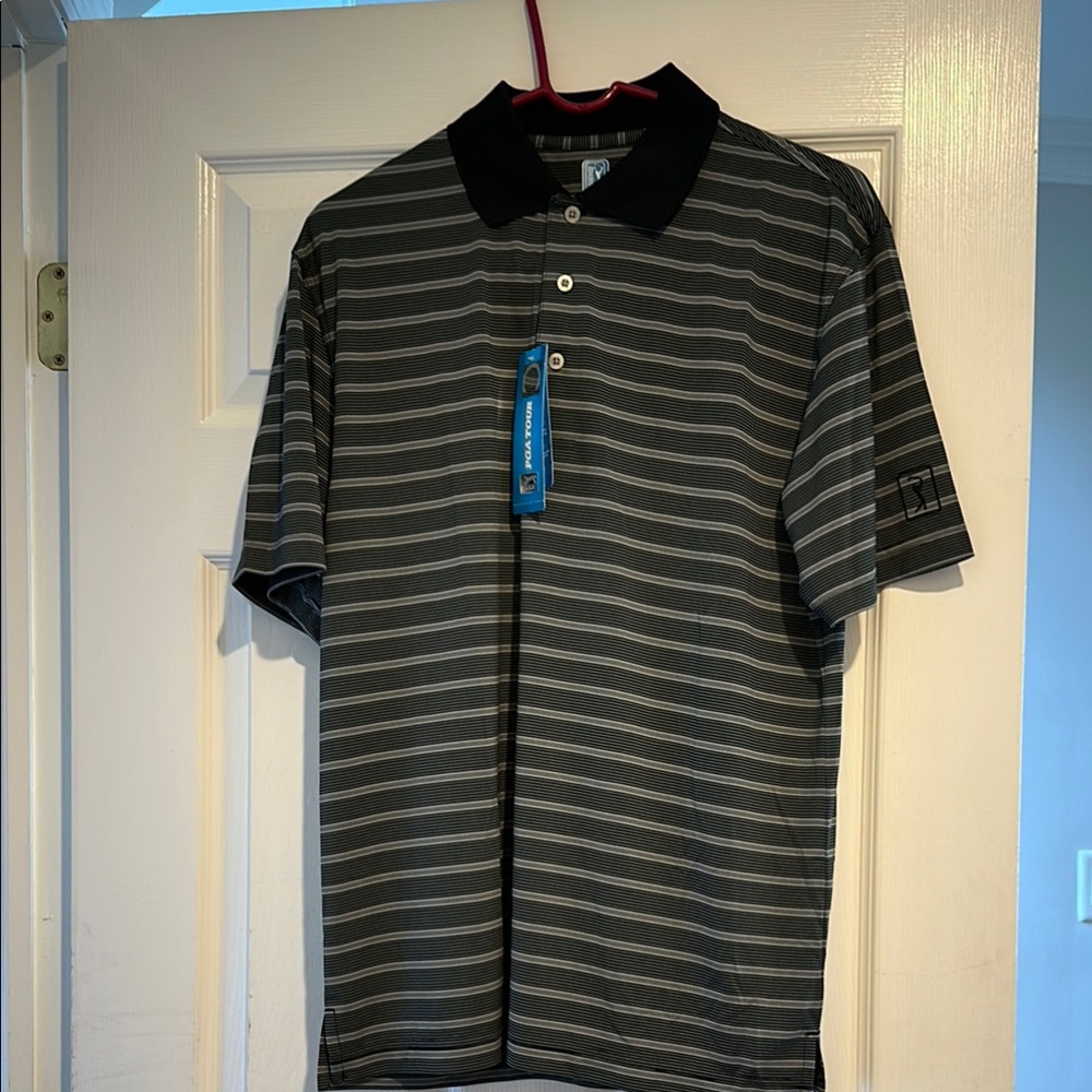 BNWT Men's Black and Gray Striped Polo Shirt